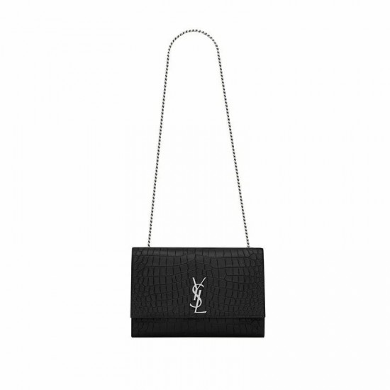 Saint Laurent Large Kate Chain Bag In Black Crocodile Embossed L