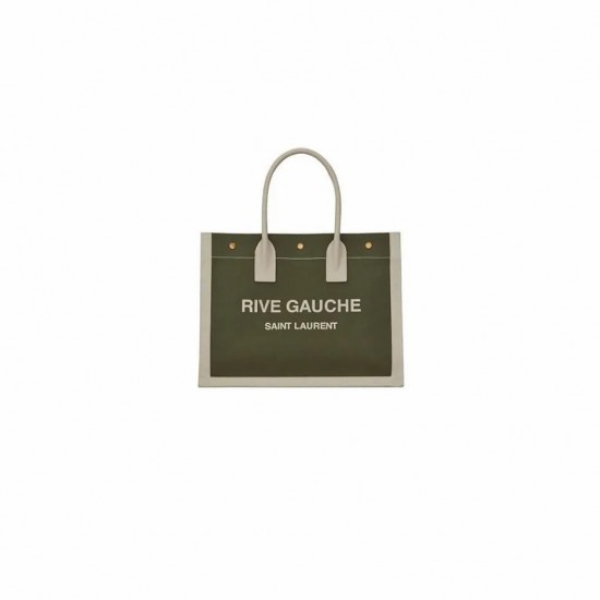 RIVE GAUCHE SMALL TOTE BAG IN LINEN AND LEATHER