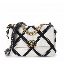 CHANEL Calfskin Crochet Medium Chanel 19 Flap White Black