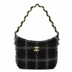 CHANEL Cashmere Tweed Quilted Hobo Black Grey