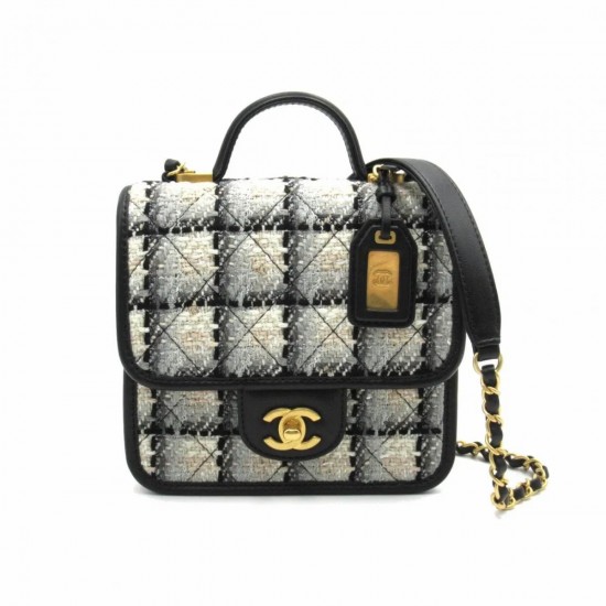 CHANEL Tweed Calfskin School Memory Mini Top Handle Flap Ecru Grey Beige Black