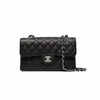 CHANEL Small Classic Flap Handbag Grained Calfskin & Silver Metal