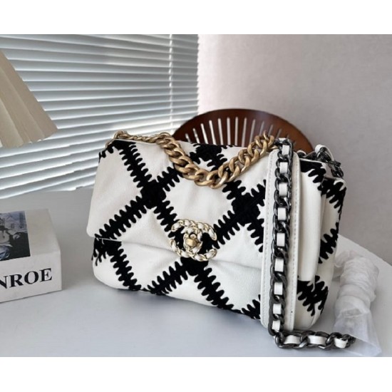 CHANEL Calfskin Crochet Medium Chanel 19 Flap White Black