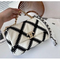 CHANEL Calfskin Crochet Medium Chanel 19 Flap White Black