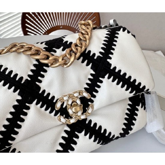 CHANEL Calfskin Crochet Medium Chanel 19 Flap White Black