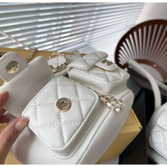 CHANEL 23K TRIPLE POCKET MINI BACKPACK CAVIAR WHITE LGHW