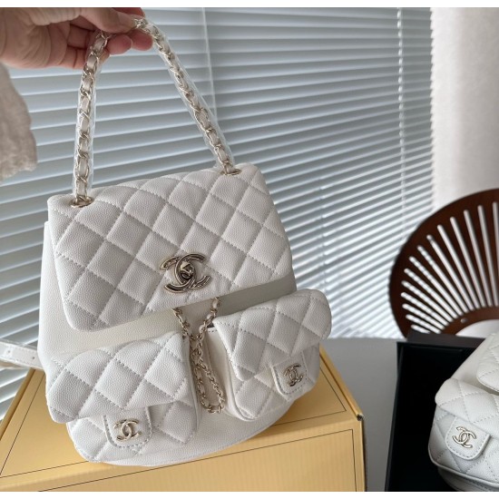 CHANEL 23K TRIPLE POCKET MINI BACKPACK CAVIAR WHITE LGHW