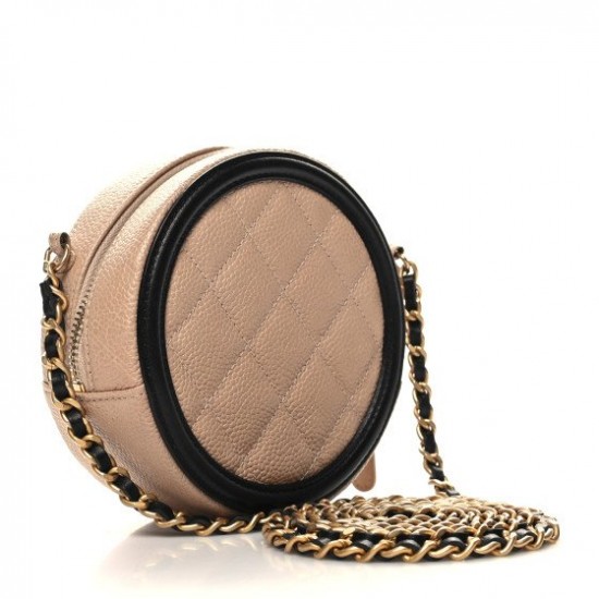 CHANEL Caviar Quilted Round Filigree Crossbody Beige Black