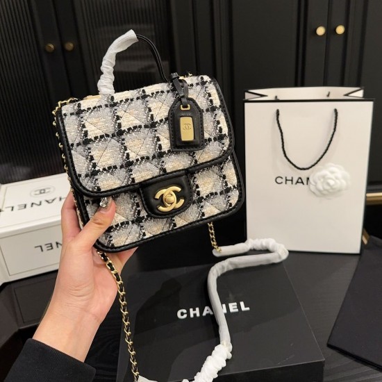 CHANEL Tweed Calfskin School Memory Mini Top Handle Flap Ecru Grey Beige Black