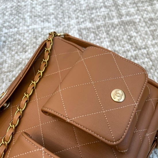 Chanel Double Pocket Hobo Bag Caramel Shiny Calfskin Brushed Gold Hardware