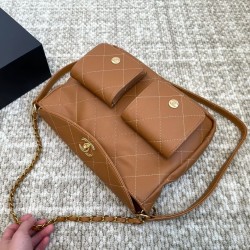 Chanel Double Pocket Hobo Bag Caramel Shiny Calfskin Brushed Gold Hardware