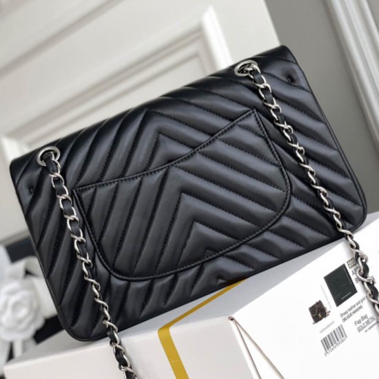 Chanel Classic Chevron Tweed Medium Flap Silver