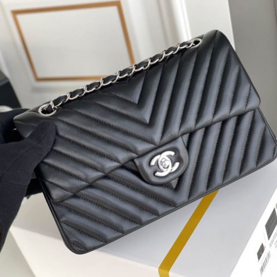 Chanel Classic Chevron Tweed Medium Flap Silver