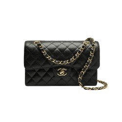 CHANEL Small Classic Flap Handbag Grained Calfskin & Gold Metal