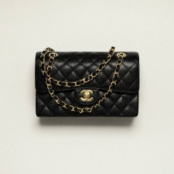 CHANEL Small Classic Flap Handbag Grained Calfskin & Gold Metal