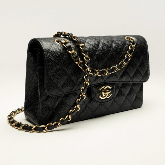 CHANEL Small Classic Flap Handbag Grained Calfskin & Gold Metal